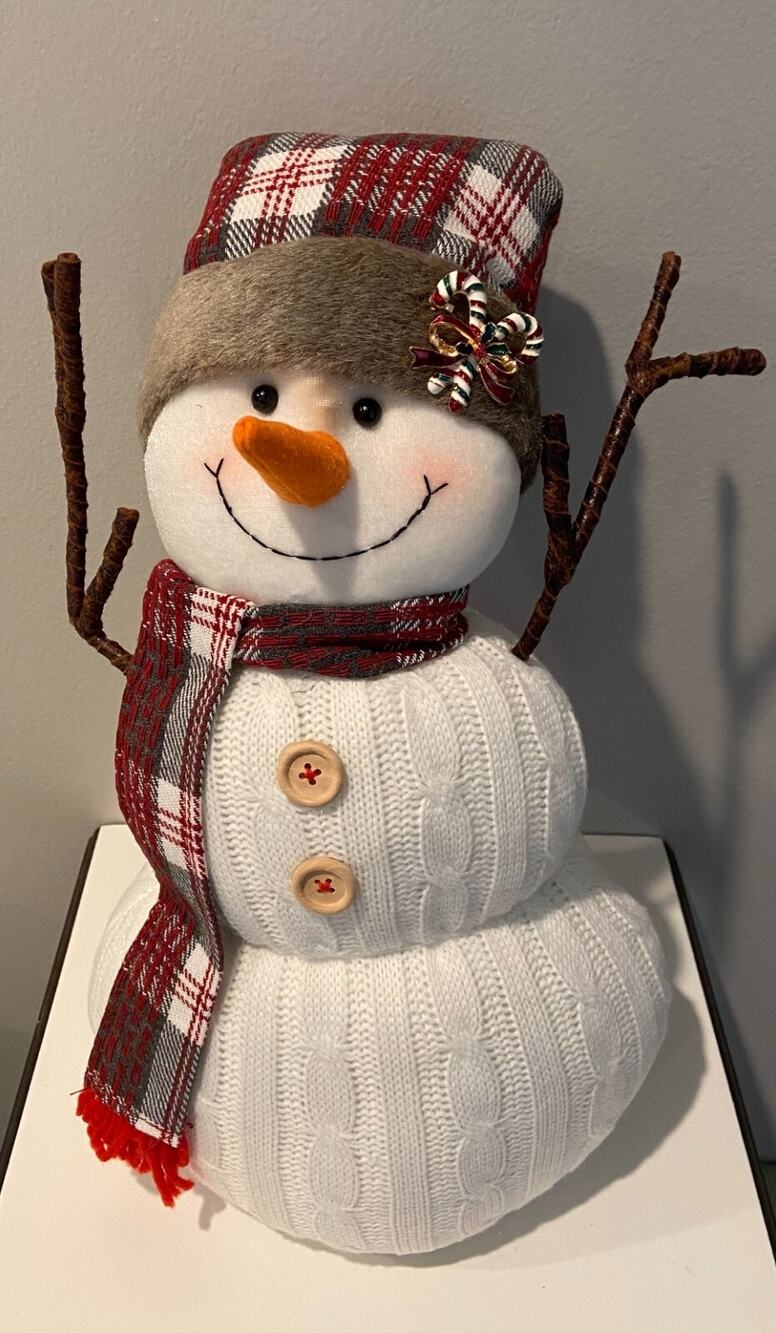 NWOT 17" White Fabric Snowman With Candycane Brooch On Hat